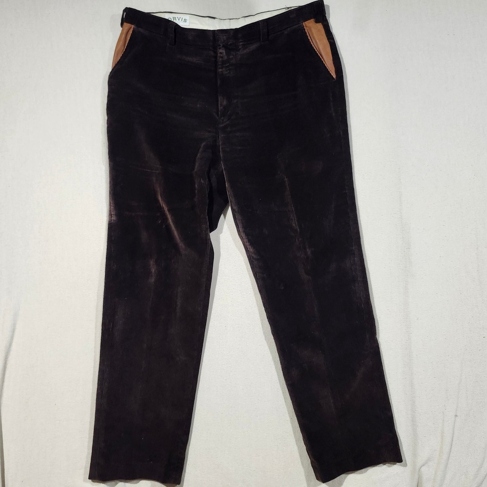 Orvis Mens 42 Brown Corduroy Pants Leather Trim Pocket Sporting Traditions 42x29